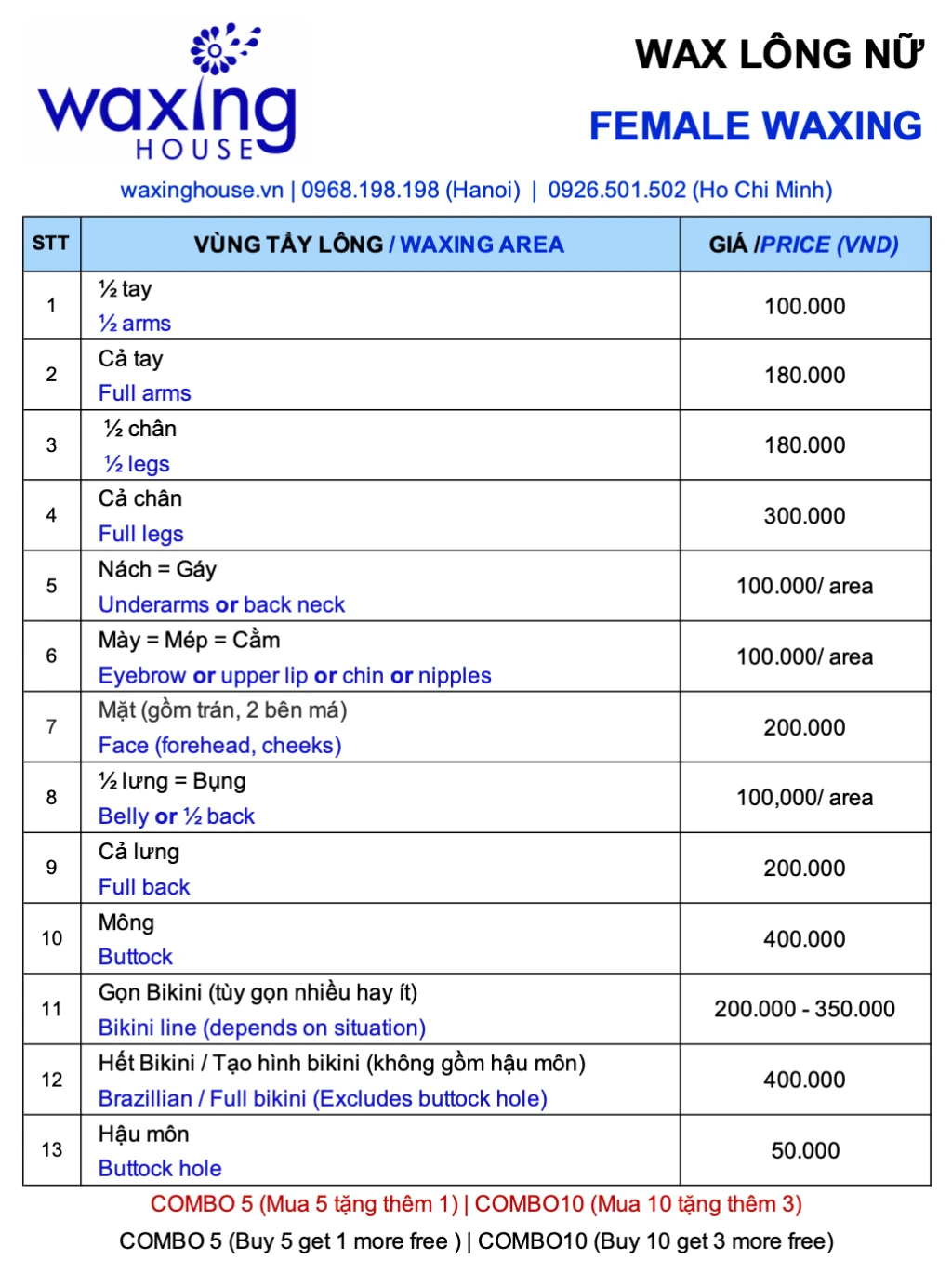 Female waxing 4 Female Waxing price list